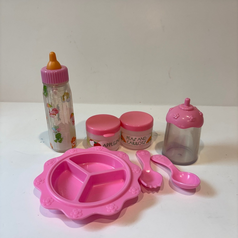 Vintage Care Bears Doll Feeding Set Disappearing Milk Bottle Plate Jars Pink